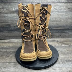 Tall UGG Whitley Moccasin Boots Sheepskin Suede Leather Lace Up Size 5